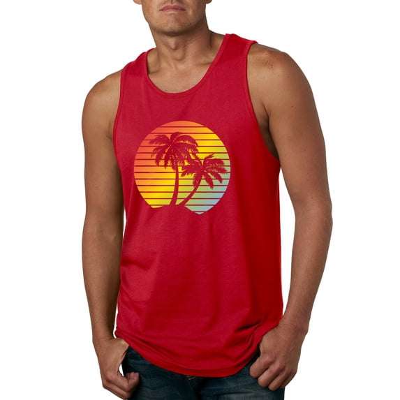 Two Coconut Palm Trees Beach Sunset | Mens Pop Culture Graphic Tank Top, Red, X-Large