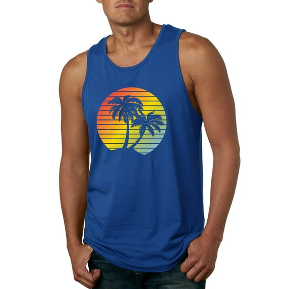 Two Coconut Palm Trees Beach Sunset | Mens Pop Culture Graphic Tank Top, Royal, 2XL