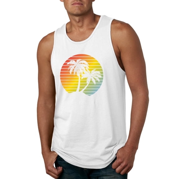 Two Coconut Palm Trees Beach Sunset | Mens Pop Culture Graphic Tank Top, White, X-Large