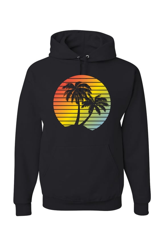 Two Coconut Palm Trees Beach Sunset | Mens Pop Culture Hooded Sweatshirt Graphic Hoodie, Black, 3XL