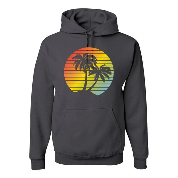 Two Coconut Palm Trees Beach Sunset | Mens Pop Culture Hooded Sweatshirt Graphic Hoodie, Charcoal, X-Large