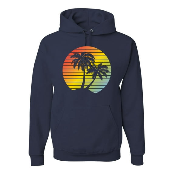 Two Coconut Palm Trees Beach Sunset | Mens Pop Culture Hooded Sweatshirt Graphic Hoodie, Navy, Small