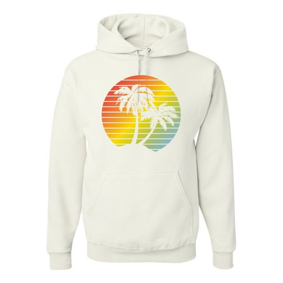 Two Coconut Palm Trees Beach Sunset | Mens Pop Culture Hooded Sweatshirt Graphic Hoodie, White, 3XL