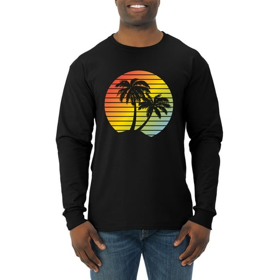 Two Coconut Palm Trees Beach Sunset | Mens Pop Culture Long Sleeve T-Shirt, Black, X-Large