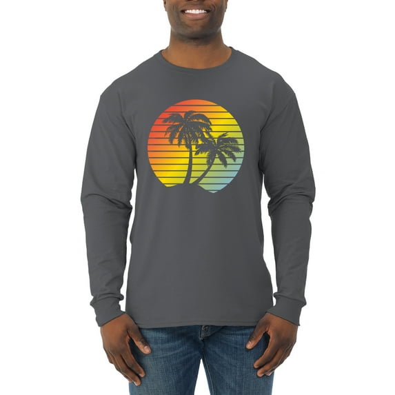 Two Coconut Palm Trees Beach Sunset | Mens Pop Culture Long Sleeve T-Shirt, Charcoal, Medium