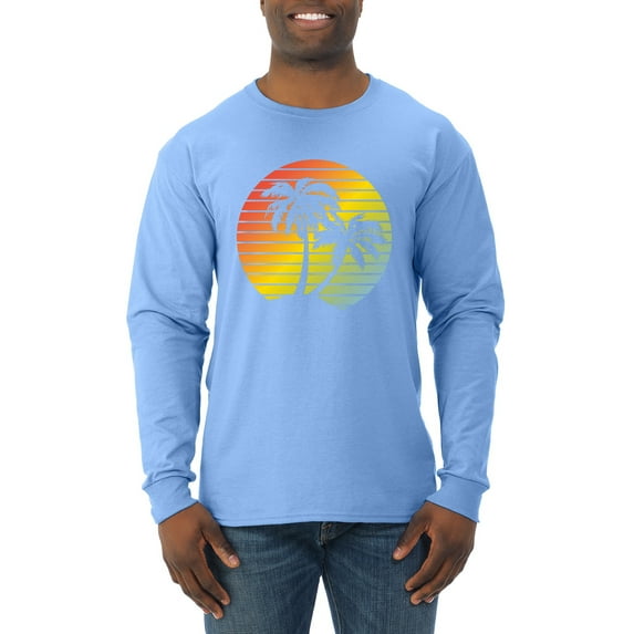 Two Coconut Palm Trees Beach Sunset | Mens Pop Culture Long Sleeve T-Shirt, Light Blue, Medium