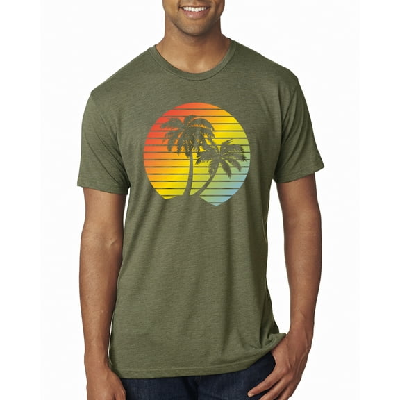 Two Coconut Palm Trees Beach Sunset | Mens Pop Culture Premium Tri Blend T-Shirt, Military Green, Small