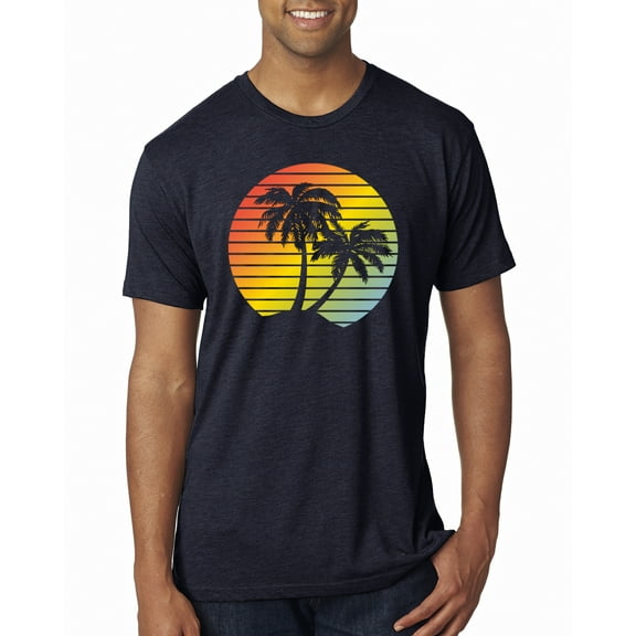Two Coconut Palm Trees Beach Sunset | Mens Pop Culture Premium Tri Blend T-Shirt, Vintage Navy, Small