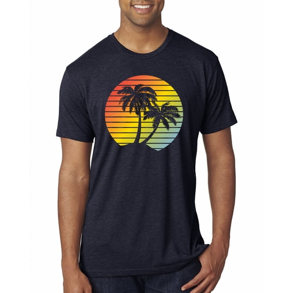 Two Coconut Palm Trees Beach Sunset | Mens Pop Culture Premium Tri Blend T-Shirt, Vintage Navy, Small