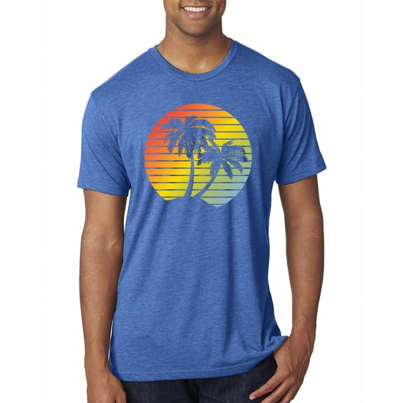 Two Coconut Palm Trees Beach Sunset | Mens Pop Culture Premium Tri Blend T-Shirt, Vintage Royal, Medium