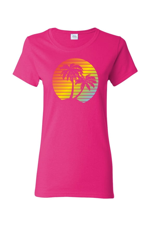 Two Coconut Palm Trees Beach Sunset | Womens Pop Culture Graphic T-Shirt, Fuschia, Small