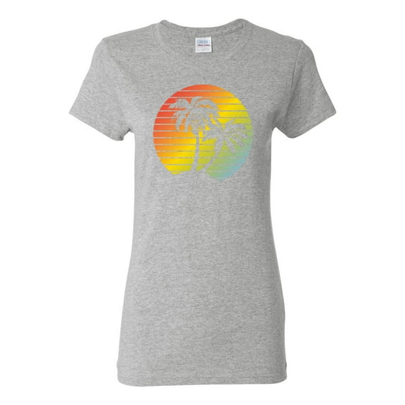 Two Coconut Palm Trees Beach Sunset | Womens Pop Culture Graphic T-Shirt, Heather Grey, Large