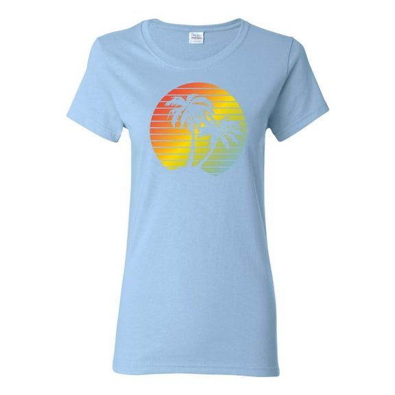 Two Coconut Palm Trees Beach Sunset | Womens Pop Culture Graphic T-Shirt, Light Blue, 2XL
