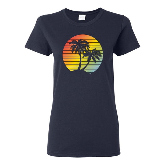 Two Coconut Palm Trees Beach Sunset | Womens Pop Culture Graphic T-Shirt, Navy, X-Large