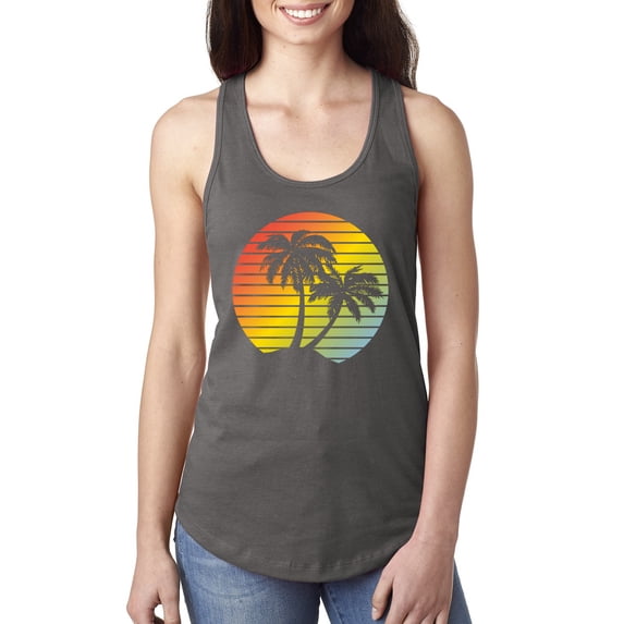 Two Coconut Palm Trees Beach Sunset | Womens Pop Culture Jersey Racerback Tank Top, Dark Grey, Medium