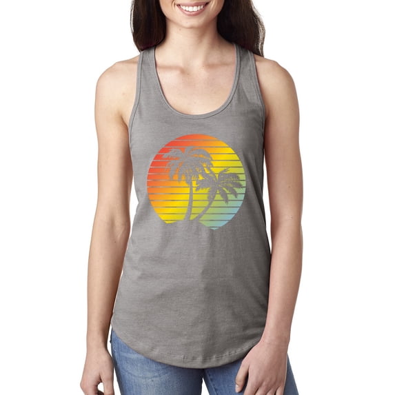 Two Coconut Palm Trees Beach Sunset | Womens Pop Culture Jersey Racerback Tank Top, Heather Grey, Large
