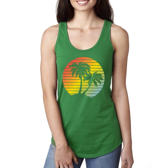 Two Coconut Palm Trees Beach Sunset | Womens Pop Culture Jersey Racerback Tank Top, Kelly, Large