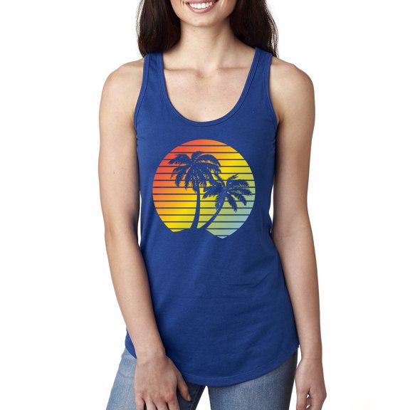 Two Coconut Palm Trees Beach Sunset | Womens Pop Culture Jersey Racerback Tank Top, Royal, X-Large