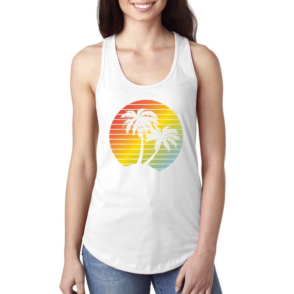 Two Coconut Palm Trees Beach Sunset | Womens Pop Culture Jersey Racerback Tank Top, White, X-Large