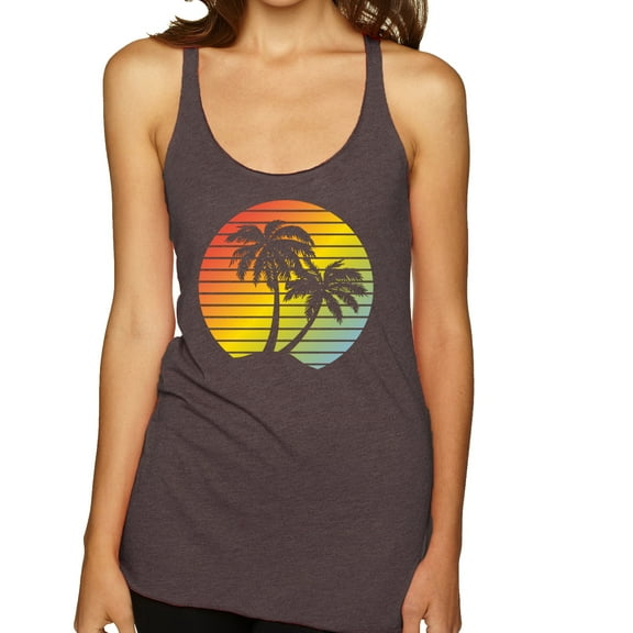 Two Coconut Palm Trees Beach Sunset | Womens Pop Culture Premium Tri-Blend Racerback Tank Top, Brown, X-Large
