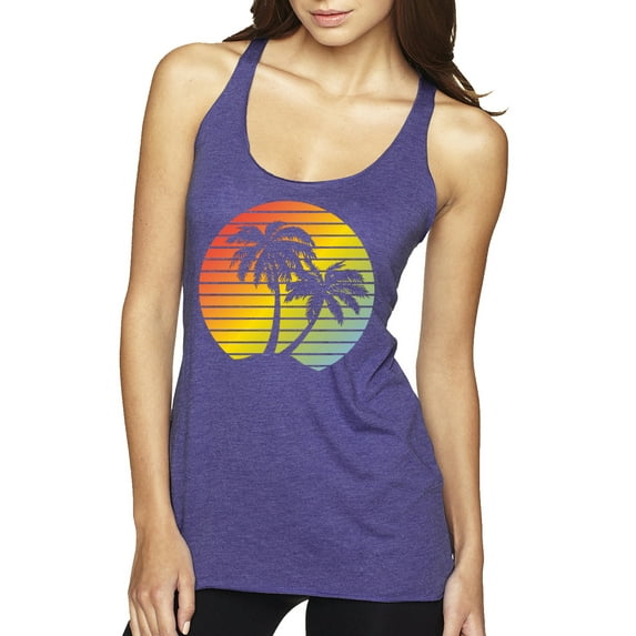 Two Coconut Palm Trees Beach Sunset | Womens Pop Culture Premium Tri-Blend Racerback Tank Top, Purple Rush, X-Large