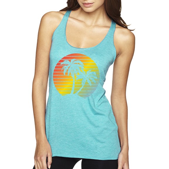 Two Coconut Palm Trees Beach Sunset | Womens Pop Culture Premium Tri-Blend Racerback Tank Top, Tahiti Blue, Small