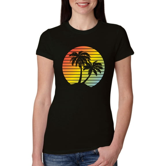 Two Coconut Palm Trees Beach Sunset | Womens Pop Culture Slim Fit Junior Tee, Black, Small