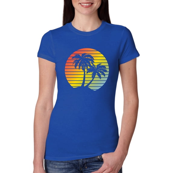 Two Coconut Palm Trees Beach Sunset | Womens Pop Culture Slim Fit Junior Tee, Royal, Large