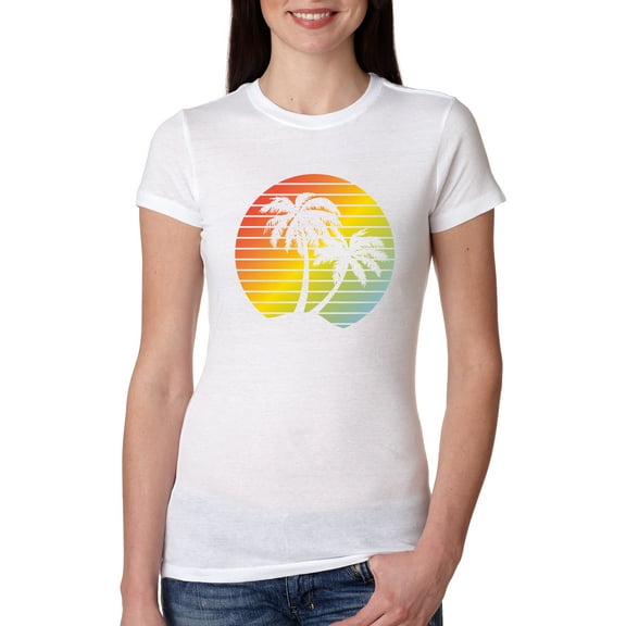 Two Coconut Palm Trees Beach Sunset | Womens Pop Culture Slim Fit Junior Tee, White, Small