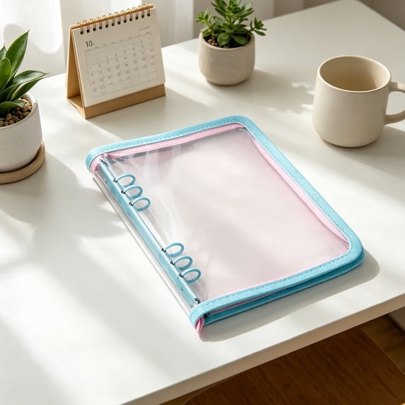 Two Color Zipper Notebook Cover, Transparent PVC Soft Cover Binder, A5 Loose-leaf Folder, Storage Organizer for Notes and Documents(D)