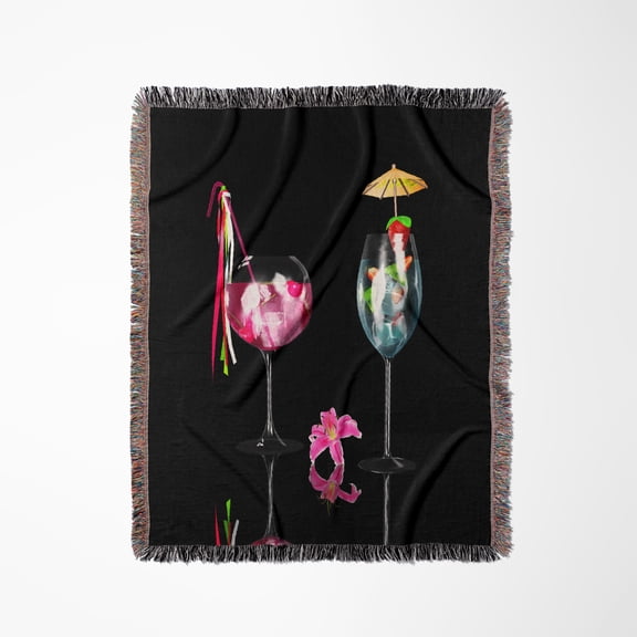 Two Colorful Cocktails And A Lily Reflect At The Bar, Woven Blanket