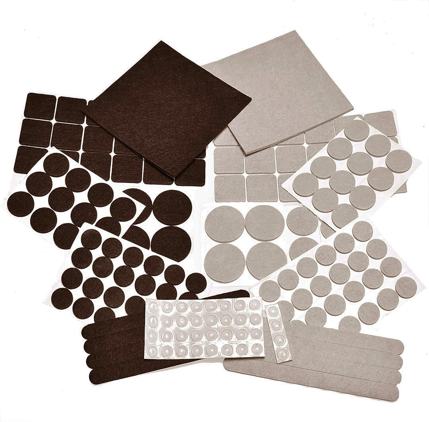 Two Colors - Variety Size Furniture Felt Pads. Self Adhesive Pads with Transparent Noise Reduction Bumpers. Floor Protectors for Hardwood & Laminate Flooring