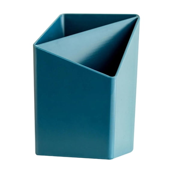 Two-Compartment Desk Organizer, Slanted White and Blue Plastic Pen Caddy, Compact Storage for Office and Campus Supplies, Minimalist Gift for Clean Desk and Vanity