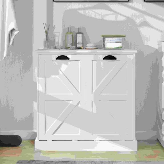 Two-Compartment Tilt-Out Laundry Sorter Cabinet White MDF for Bathroom Laundry Room Storage