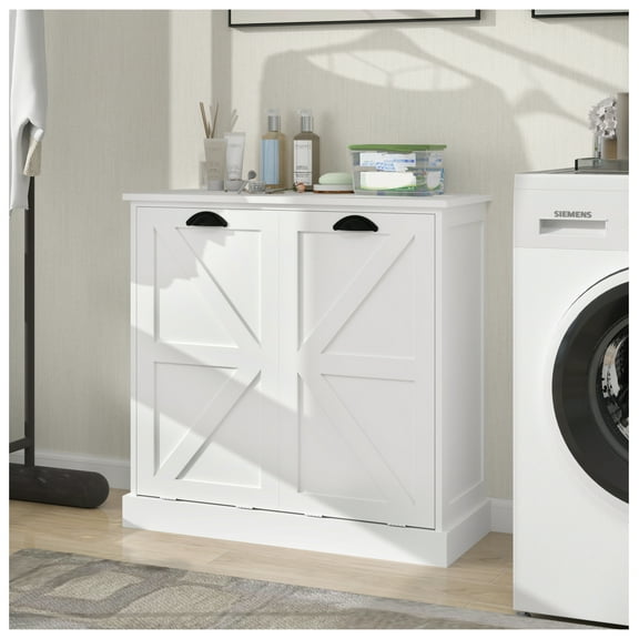 Two-Compartment Tilt-Out Laundry Sorter Cabinet-White White + MDF