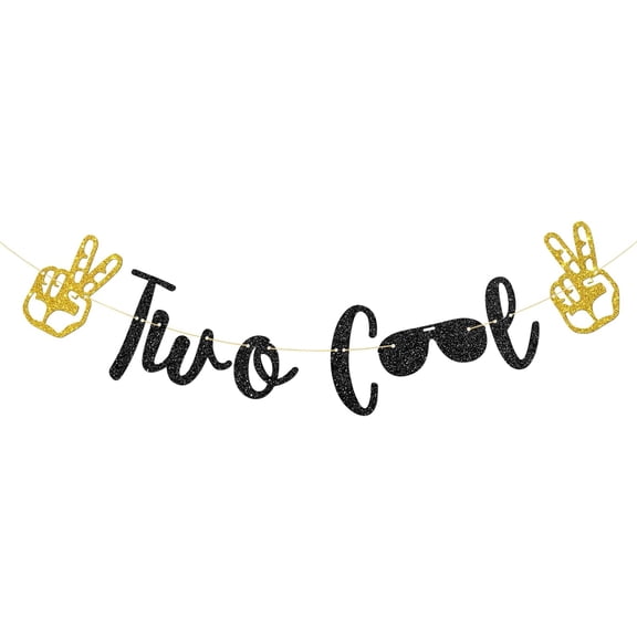 Two Cool Birthday Banner, Boy's 2nd Birthday, Sunglasses Sign, 2 Years Old Party Decorations Supplies, Black Glitter