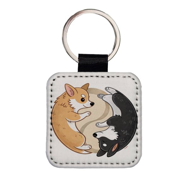 Two Corgis Yin Yang Dogs Cute Faux Leather Square Keychain