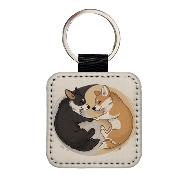 Two Corgis Yin Yang Dogs Faux Leather Square Keychain