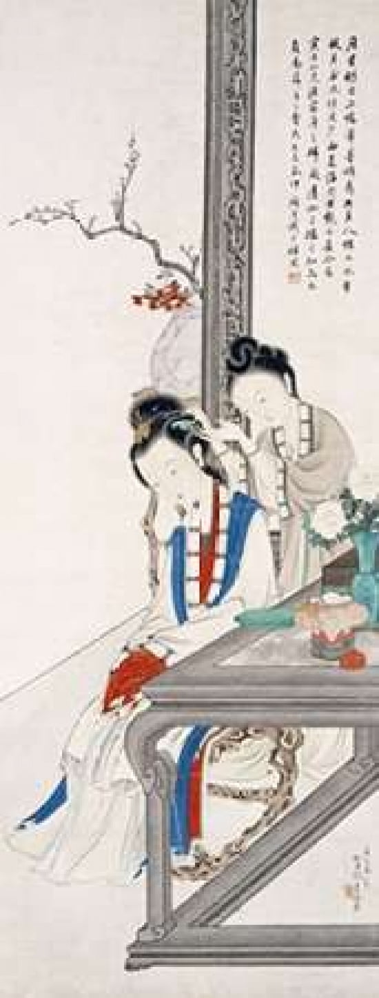 Two Court Ladies Canvas Art - Hu Xigui (24 x 48)