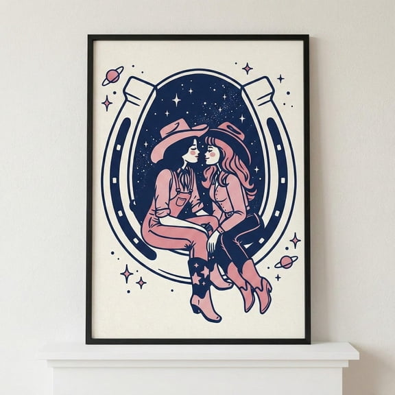 Two Cowgirls Vintage Aesthetic Wall Art Retro Celestial Western Decor Pink Cosmic Cowgirl Print Unframed Paper Poster 8x10in