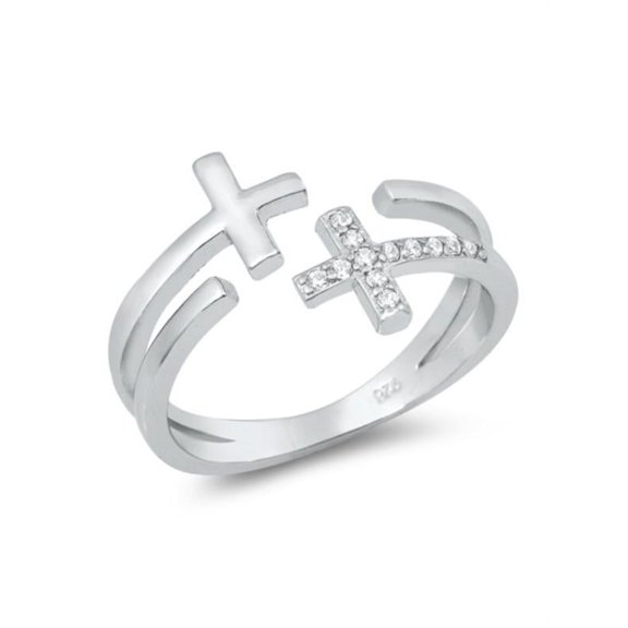 Two Cross Ring, Sterling Silver with CZ Stones