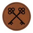 thumbnail image 1 of Two Crossed Keys 2.5" Faux Leather Round Engraved Iron-On Patch - Brown, 1 of 6