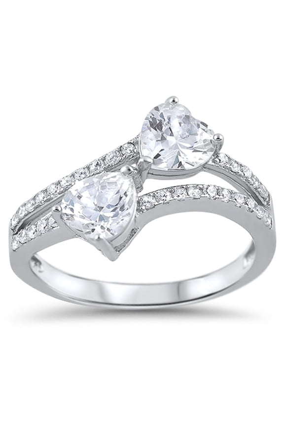 Two Cubic Zirconia Hearts Ring Sterling Silver
