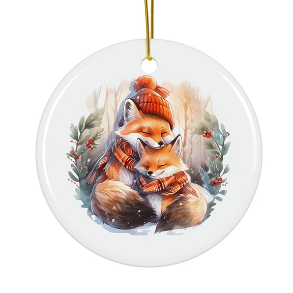 Two Cuddling Foxes In Winter Hat Magical Season Treasure For Gifts And Surprises Hanging Round Ornament