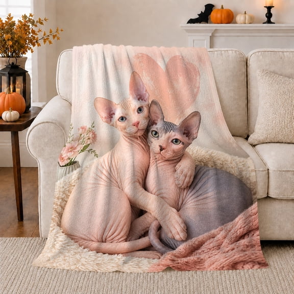 Two Cuddling Sphynx Cats Pink Heart, Cozy Pet Portrait Pattern, Warm Flannel Blanket for Living Room and Reading Nook, Cat Lovers Friendship Gift, Pet Lover Home Decor