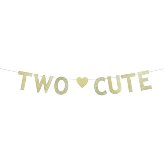 Two Cute Banner, Gold Glitter Paper Sign for Baby's 2nd Birthday Party Bunting Supplies Decorations Backdrops