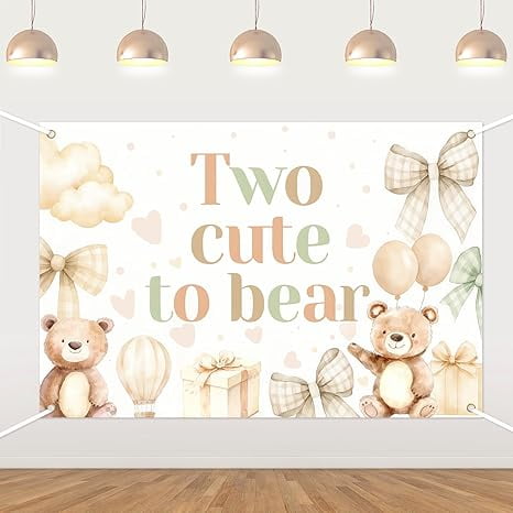 Two Cute to Bear 2nd Birthday Backdrop,Two Bear Cartoon Theme Birthday Decorations Background Backdrop Animal 2 Year Old Photography Background for Girls Second Bday Party Supplies