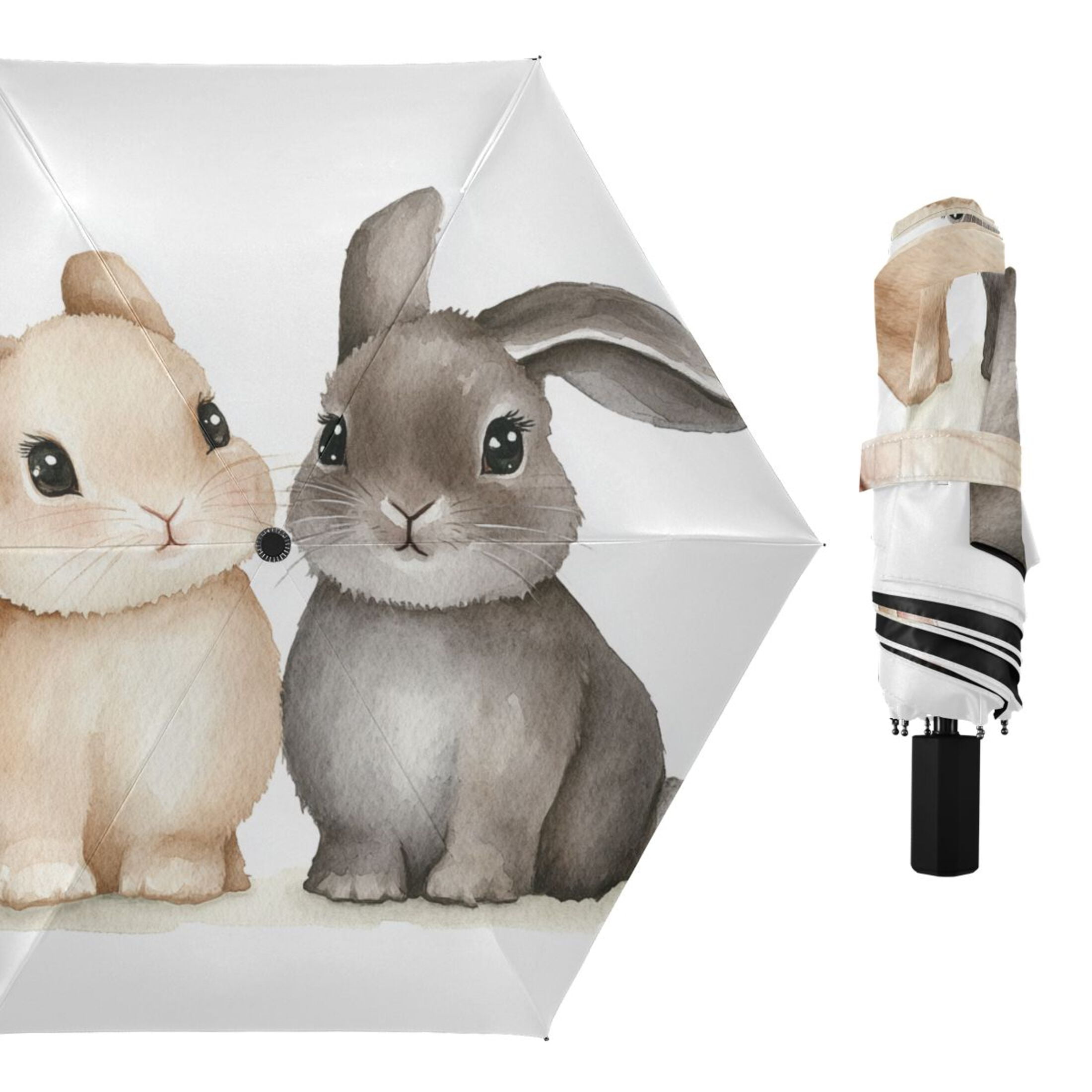 Two Cute Bunnies All Weather Umbrella Triple Folding Parasol 6 Ribs UV Protection Portable