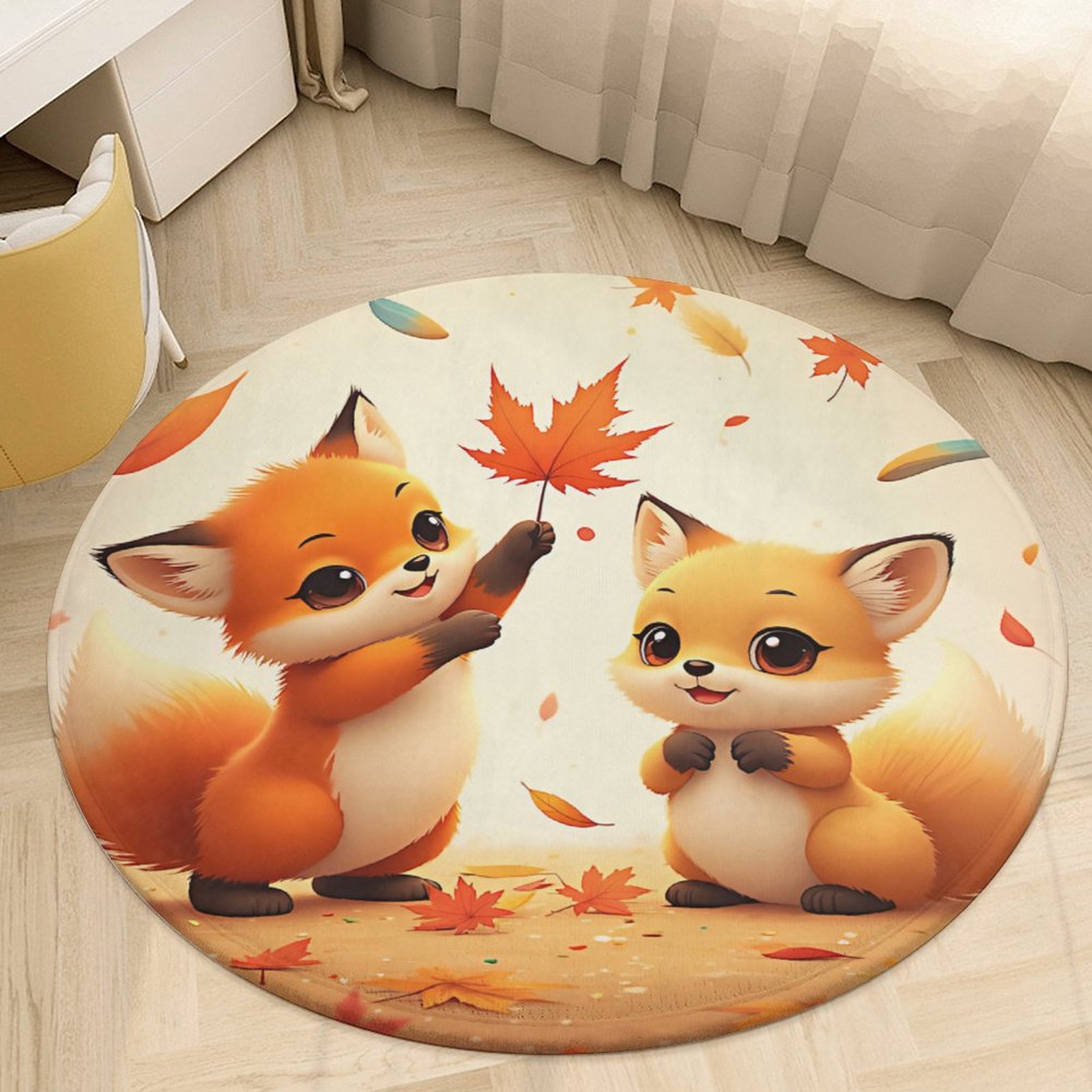 Two Cute Cartoon Foxes Playing with A Maple Leaf, Surrounded by ...