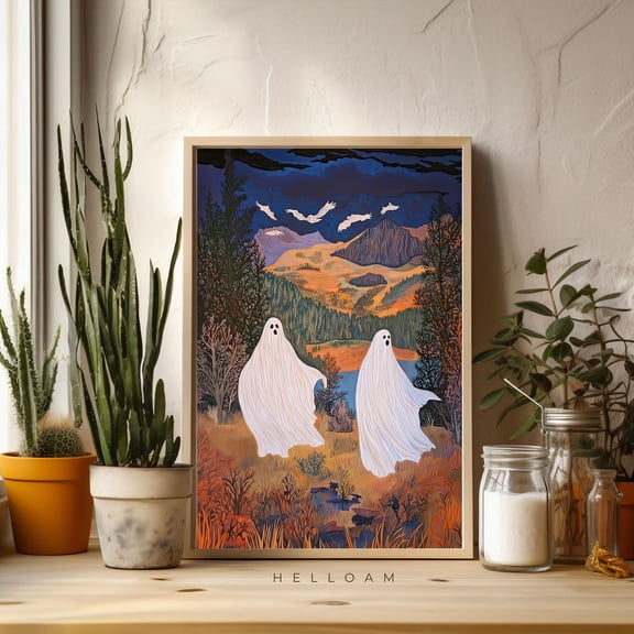 Two Cute Ghosts In Flower Woods Print Romantic Dark Academia Moody Cottagecore Spooky Decor Vintage Poster Gothic Reading Ghost , Poster Only